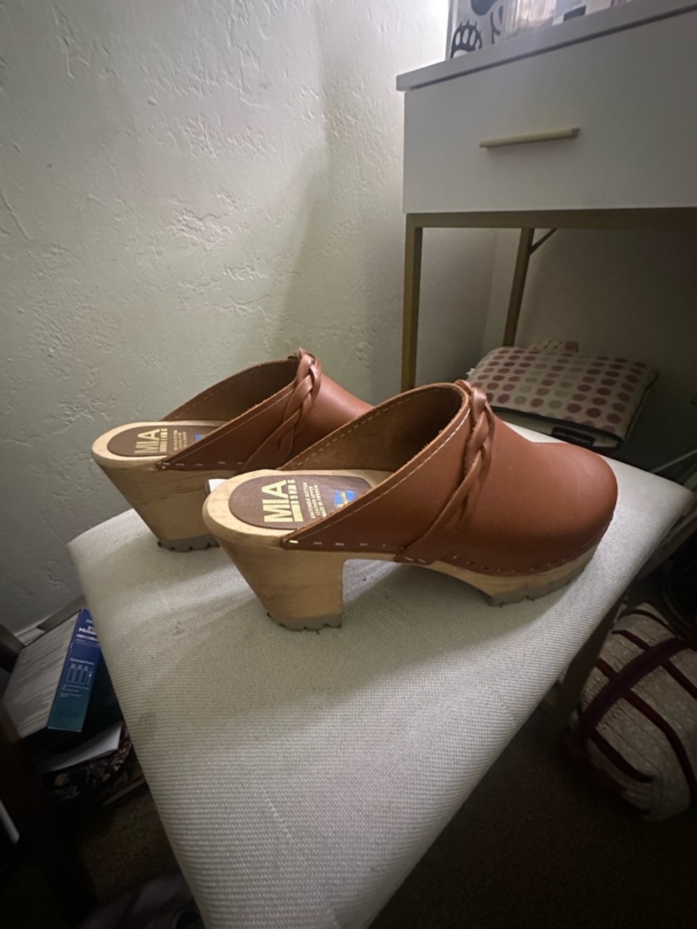 MIA Brown Braided Leather Clog Heels
